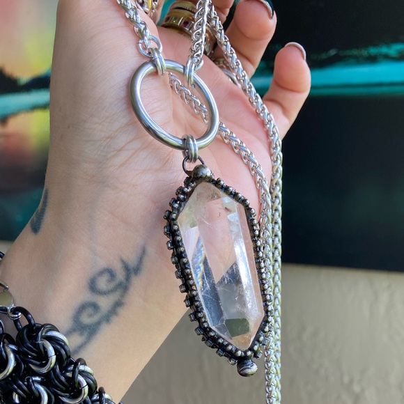 LONG 26 inch chain BIG Crystal quartz black electroplated boho goth necklace - Picture 10 of 14